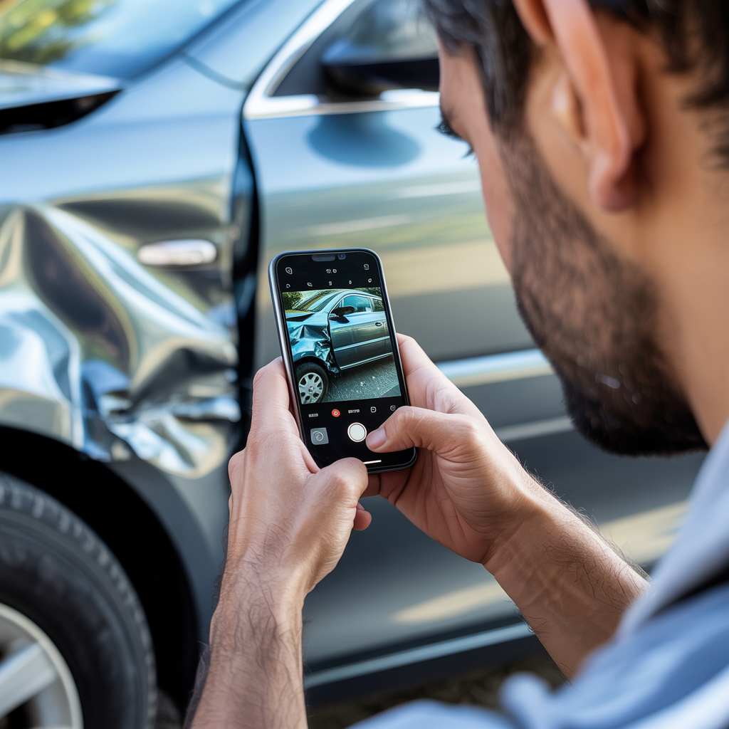 Person using smartphone to photograph car damage for repair documentation